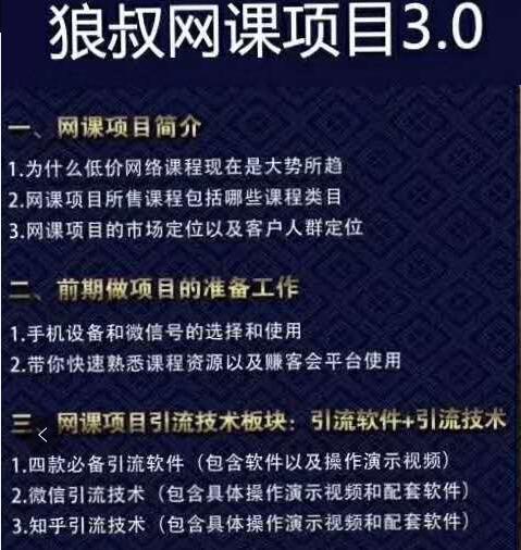 狼叔网课项目变现技术3.0(从选品到引流到变现全流程),新手也能月入几万【视频课程】 pic 狼叔网课项目变现技术3.0(从选品到引流到变现全流程),新手也能月入几万【视频课程】 配图